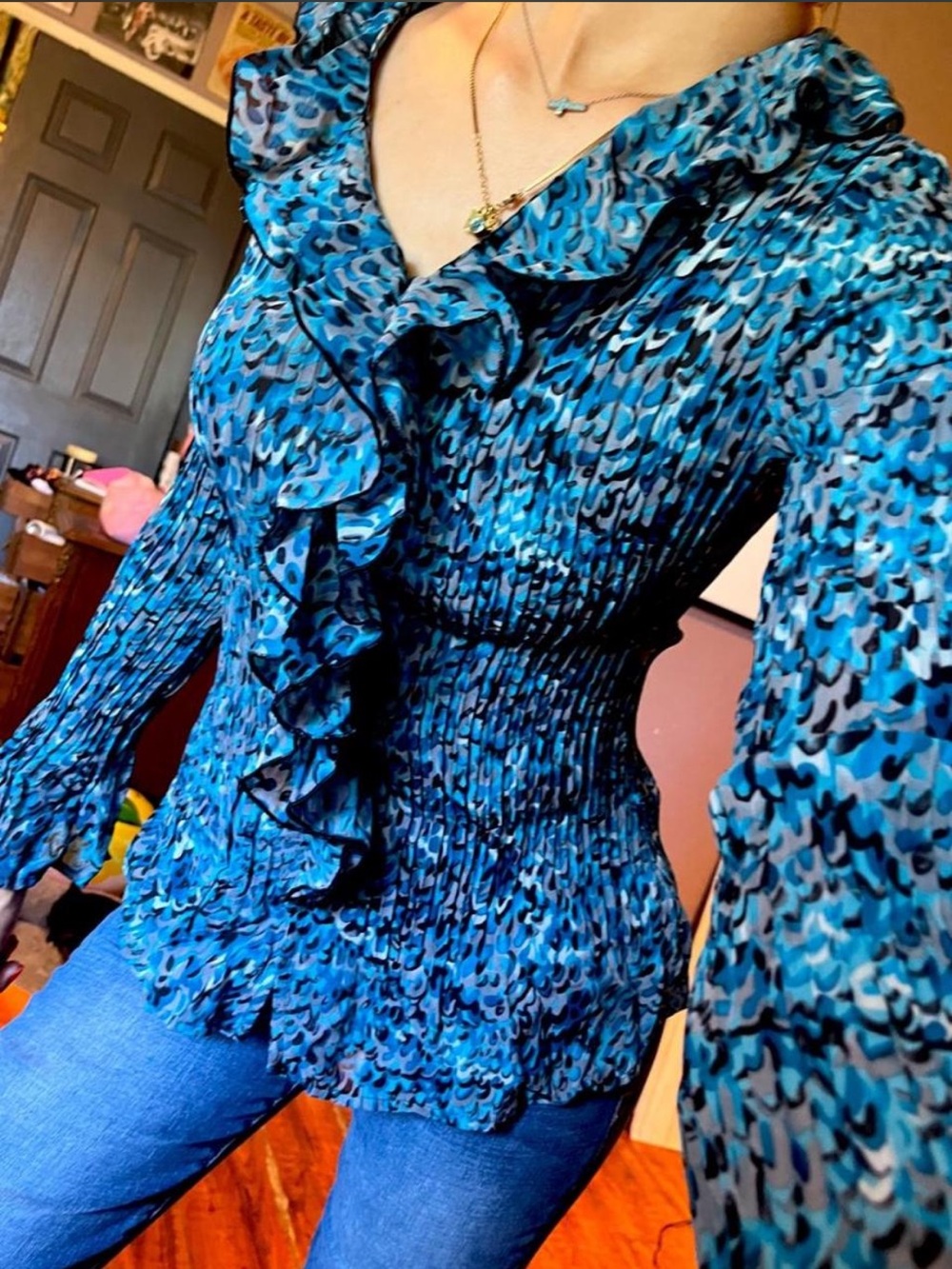 Blue Ruffle-Front Women's Blouse - Picture 2 of 6